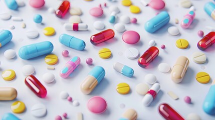 Leinwandbilder - A close-up shot of various colorful pills and capsules scattered on a clean white background, showcasing their texture and detail. Generative AI