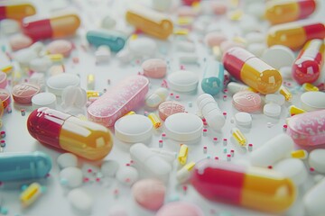 Leinwandbilder - Close-up of colorful pills on white surface, highlighting texture and details for a clinical feel. Generative AI