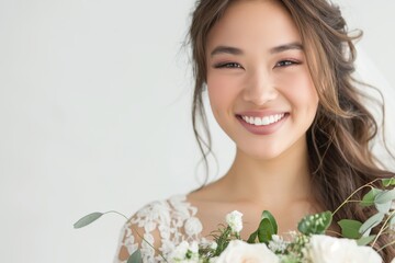 Wall Mural - Young bride smiles brightly holding a stunning bouquet on her wedding day. Radiating joy and happiness in an elegant white gown. Exuding love and celebration in a moment of pure joy and romance