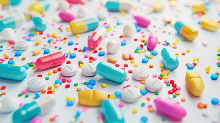 Leinwandbilder - A close-up of various colorful pills and capsules scattered on a white surface. The focus is on the texture and details of the tablets, creating a bright and clinical atmosphere. Generative AI