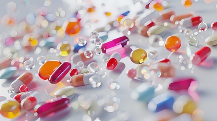 Leinwandbilder - Close-up of colorful pills and capsules on white surface, highlighting texture and details for a clinical feel. Generative AI