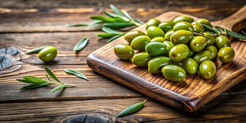 Wall Mural - Fresh green olives on a wooden board , healthy, food, organic, Mediterranean, cooking, appetizer, snack, oil, brine