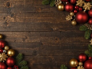 Wall Mural - Red and gold Christmas ornament corner border banner Above view on a rustic wood background.