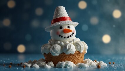 Wall Mural - Snowman ice cream on light blue background Crispy cone hat on soft serve vanilla ice cream Christmas holiday concept, new year party or special event.