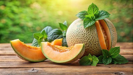 Poster - Whole cantaloupe melon with slices and fresh green leaves, cantaloupe, melon, fruit, fresh, whole, slices, green leaves