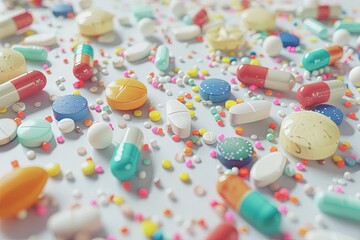 Poster - A close-up view of various colorful pills and capsules scattered on a white background. The focus is on the texture and details of the tablets. Generative AI