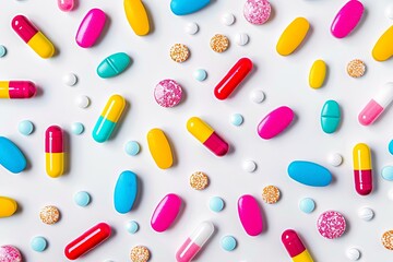 Aufkleber - A close-up shot of various colorful pills and capsules scattered on a clean white background. Generative AI