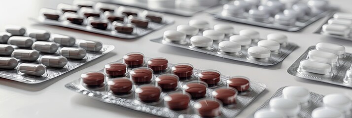 Poster - A detailed, organized close-up image of multiple blister packs containing various pills. Generative AI