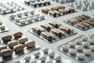 Poster - A close-up image showcasing various pill blister packs arranged neatly on a white background, highlighting the packaging and the pills inside. Generative AI