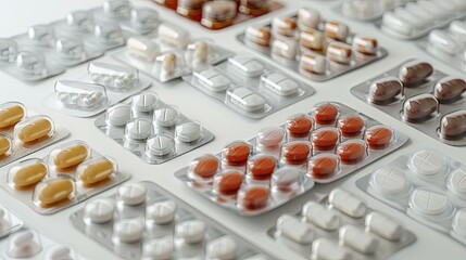 Poster - A close-up shot of various pills in blister packs, arranged on a white surface. The focus is on the packaging and pills, creating a professional and organized look. Generative AI