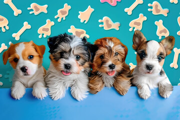 Wall Mural - Four cute puppies posing with bone pattern background