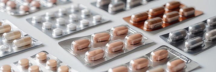 Poster - A close-up image of pills in blister packs on a white surface shows the neat arrangement of packaging and pills for a clean, professional look. Generative AI