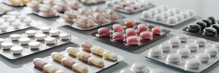 Poster - A close-up shot of various blister packs of pills arranged neatly on a white surface. Generative AI