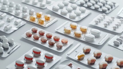 Poster - A detailed image of various pills in blister packs, arranged in an organized pattern on a white background. Generative AI
