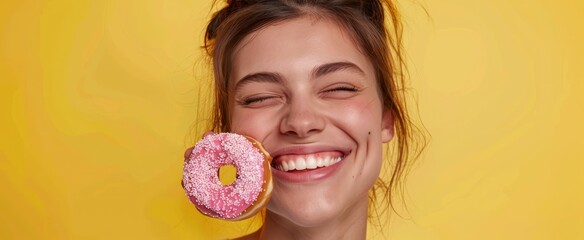 Wall Mural - Happy joyful carefree young European woman covers eye with glazed doughnut going to eat delicious dessert wears knitted sweater smiles broadly poses against beige background. Sweet tooth concept