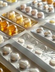 Poster - A close-up image showcasing various types of pills neatly arranged in blister packs on a white surface. Generative AI