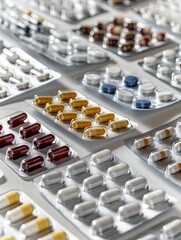 Poster - A close-up photograph of various pills in blister packs arranged neatly on a white surface. Generative AI