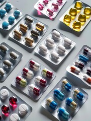 Poster - A close-up photo of various blister packs of pills arranged in a neat pattern on a white surface. Generative AI