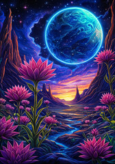 Vibrant digital artwork depicting a fantastical landscape with a large, blue moon hanging low in the sky above a valley filled with pink flowers and rock formations.