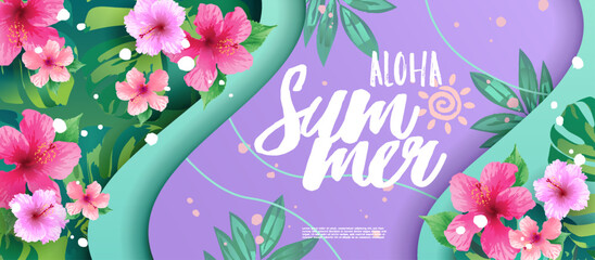 Wall Mural - Aloha Summer banner template with tropical flowers and leaves on colorful purple background in paper cut style. Vector illustration