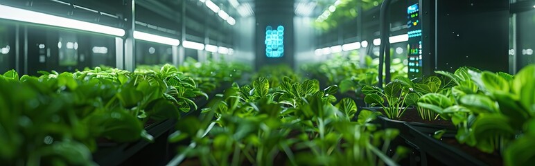 Rows of tomato plants growing inside big industrial greenhouse. Industrial agriculture. AI generated illustration