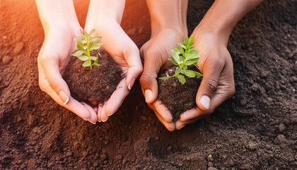 Two hands filled with soil and growing plants