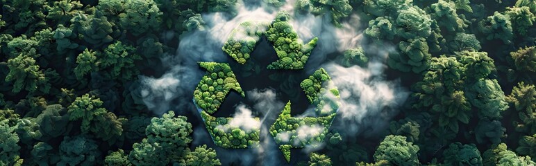 Recycle symbol on the forest background . Ecological concept. Ecology. Recycle and Zero waste symbol in the untouched jungle for Sustainable environment. AI generated illustration