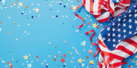 Wall Mural - Festive american flag with confetti stars on blue background