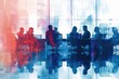 © SKIMP Art - Business team meeting in the boardroom, double exposure with abstract office building silhouette people working together on a project or discussing strategy at the conference table Generative AI
