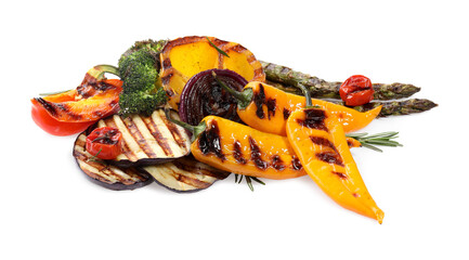 Wall Mural - Different delicious grilled vegetables isolated on white