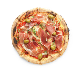 Wall Mural - Tasty pizza with cured ham, olives and sun-dried tomato isolated on white, top view