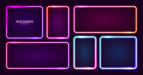 Wall Mural - glowing neon banners, illuminated colorful square frames. shiny vibrant border, glow effect. violet 