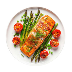 Wall Mural - A Plate of Baked  Salmon with Asparagus and Tomatoes Isolated on a Transparent Background