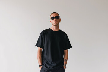 Stylish Young Man Wearing Black T-Shirt and Sunglasses Posing Against White Background