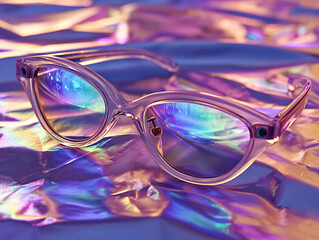 A pair of glasses with a purple frame sits on a shiny surface. The glasses are clear and have a cat-eye shape. The surface is a shiny, reflective material that gives the glasses a unique