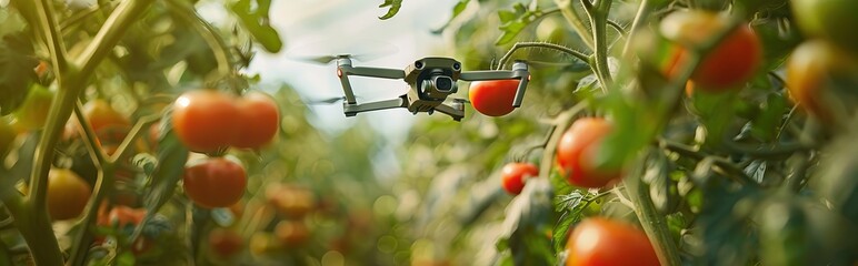 Wall Mural - Mini drone flying in a greenhouse with tomato crop. AI generated illustration