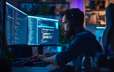 Focused Software Developer Working on Multiple Monitors in a Modern Office with Code Displayed on Screens