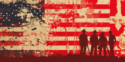 Wall Mural - Silhouetted figures against a distressed american flag