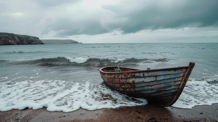 Wall Mural - A watercraft is resting on the sandy beach amidst the vast ocean waters. The sky is filled with fluffy clouds and the wind waves gently AIG50