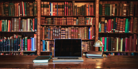 Wall Mural - Laptop and books on a wooden desk in a library
