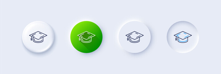 Wall Mural - Graduation cap line icon. Neumorphic, Green gradient, 3d pin buttons. Education sign. Student hat symbol. Line icons. Neumorphic buttons with outline signs. Vector