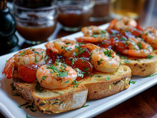 Wall Mural - A plate of shrimp and bread with a garnish of parsley. The shrimp is served on top of the bread, which is toasted and has a crust. The garnish of parsley adds a pop of color