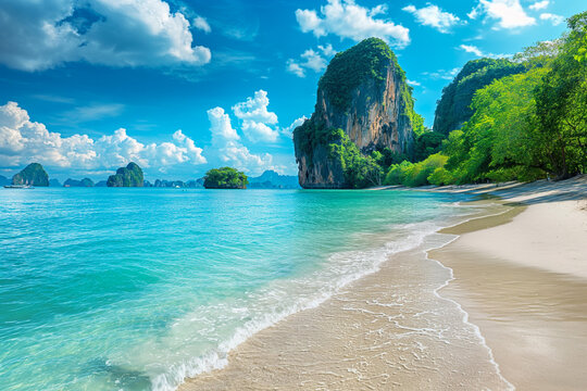 beautiful exotic beach in Thailand with mountains and vegetation sticking out of the water, generative AI