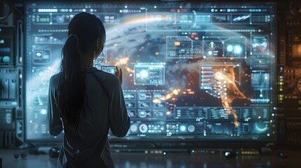 A woman analyzes advanced data visualizations on a futuristic interface screen at a high-tech control center. 