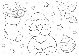 Wall Mural - christmas a4 colouring page, santa and candy filled stocking