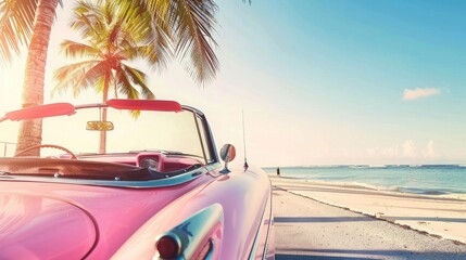 Wall Mural - Holiday trip on pink retro car