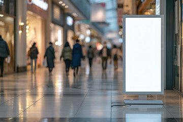 Vertical empty white advertising billboard on the floor in passage shopping mall, banner for navigation and information.