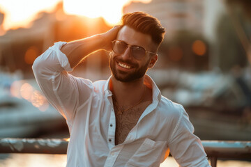 Portrait of a handsome man in a white shirt and glasses on a city street with sunset in the background
