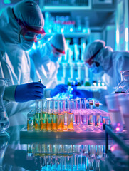 scientists in white coats and blue gloves work together in the laboratory with test tubes with different colored liquids
