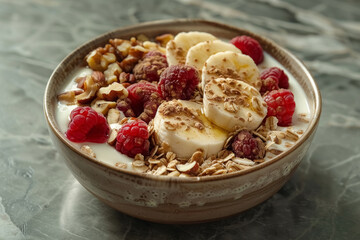 Breakfast bowl with greek yogurt topped muesli, raspberries, nuts and banana on grey concrete background, delicious and healthy food for body.